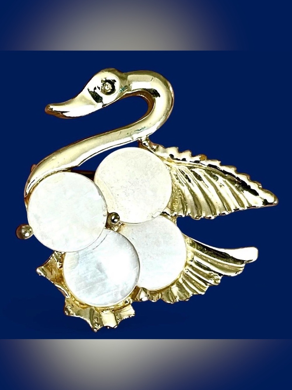 Vintage 1970s Swan Mother of Pearl Discs Brooch Pin Gold Tone Romantic Nautical